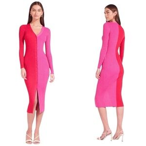 STAUD Two-Tone Pink and Red Ribbed Button-Front Midi Dress